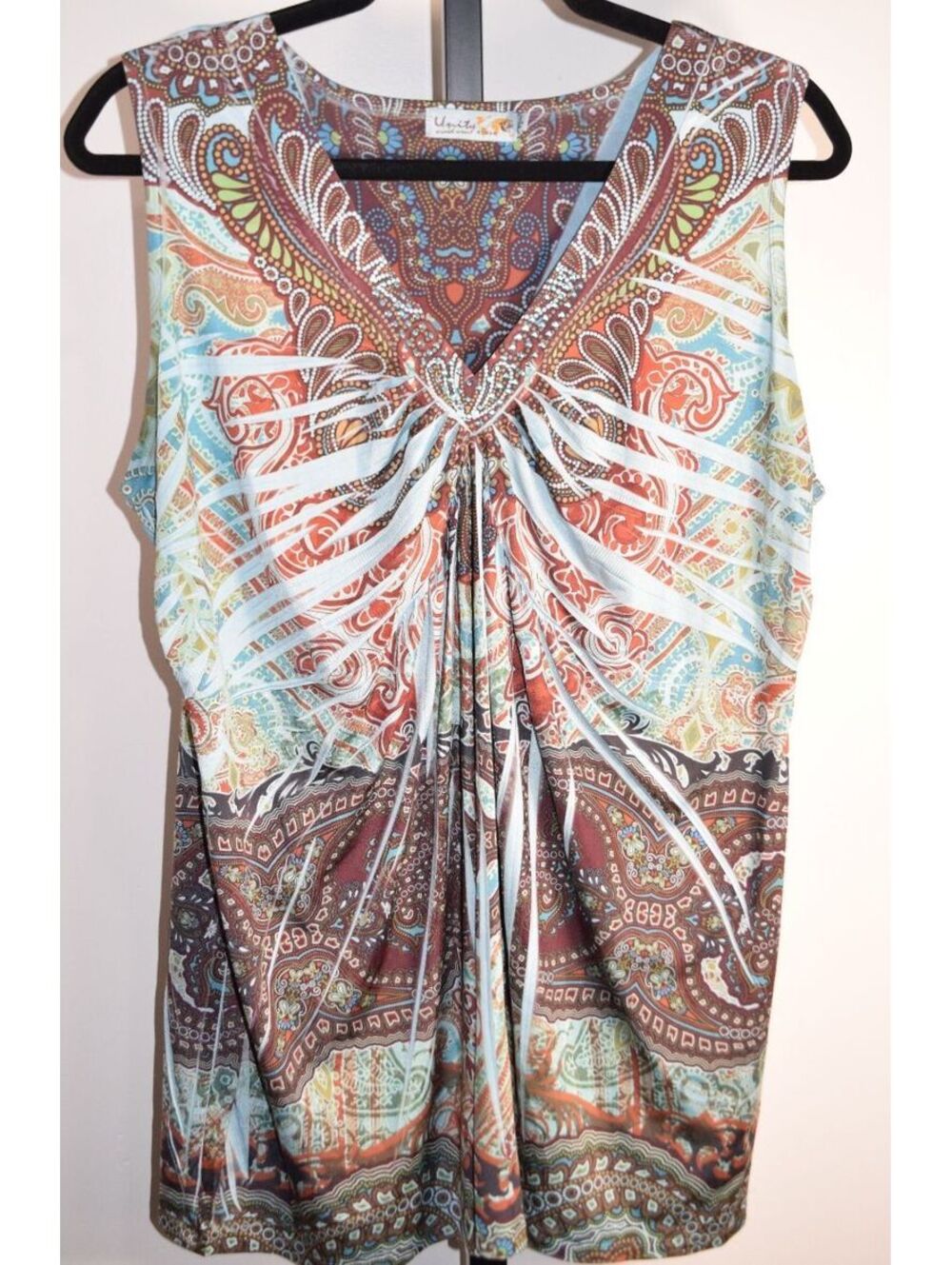 2x Unity World Wear Woman Paisley Sleeveless Rhinestone Neckline Boho Blouse